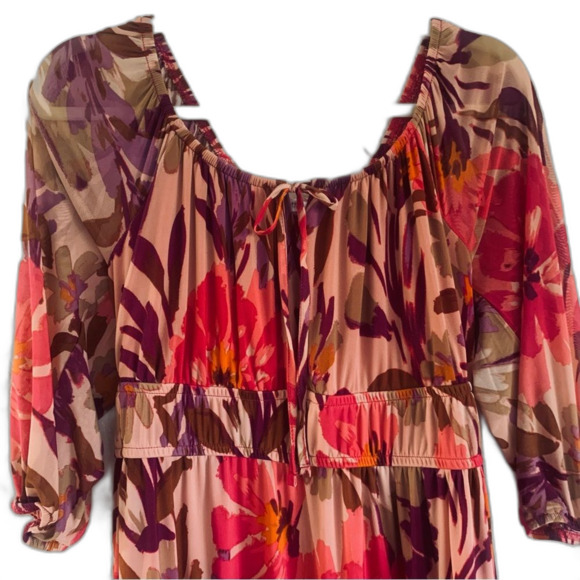 Floral Print Off the Shoulder MIDI Dress Sz L High waist Babydoll Style Coquette - Picture 7 of 12